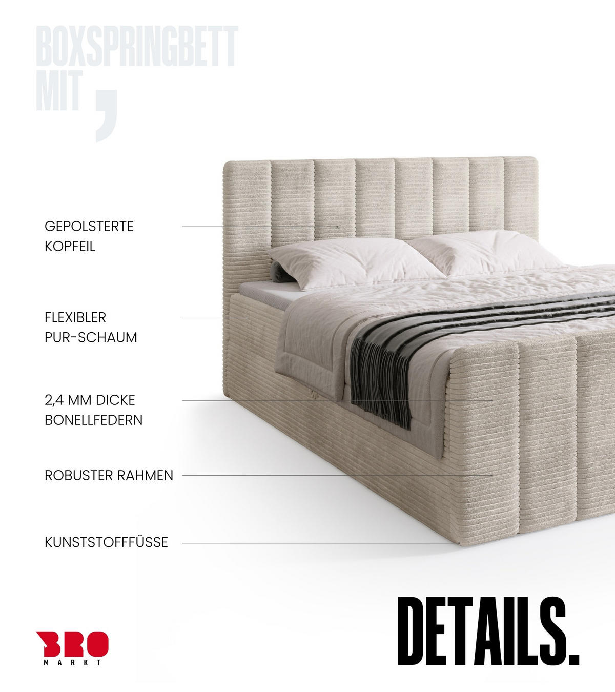 BOXSPRINGBETT Denver DUO mit Topper 180x200 Vanilla - Weiß, Textil (180/200cm) - Bromarkt