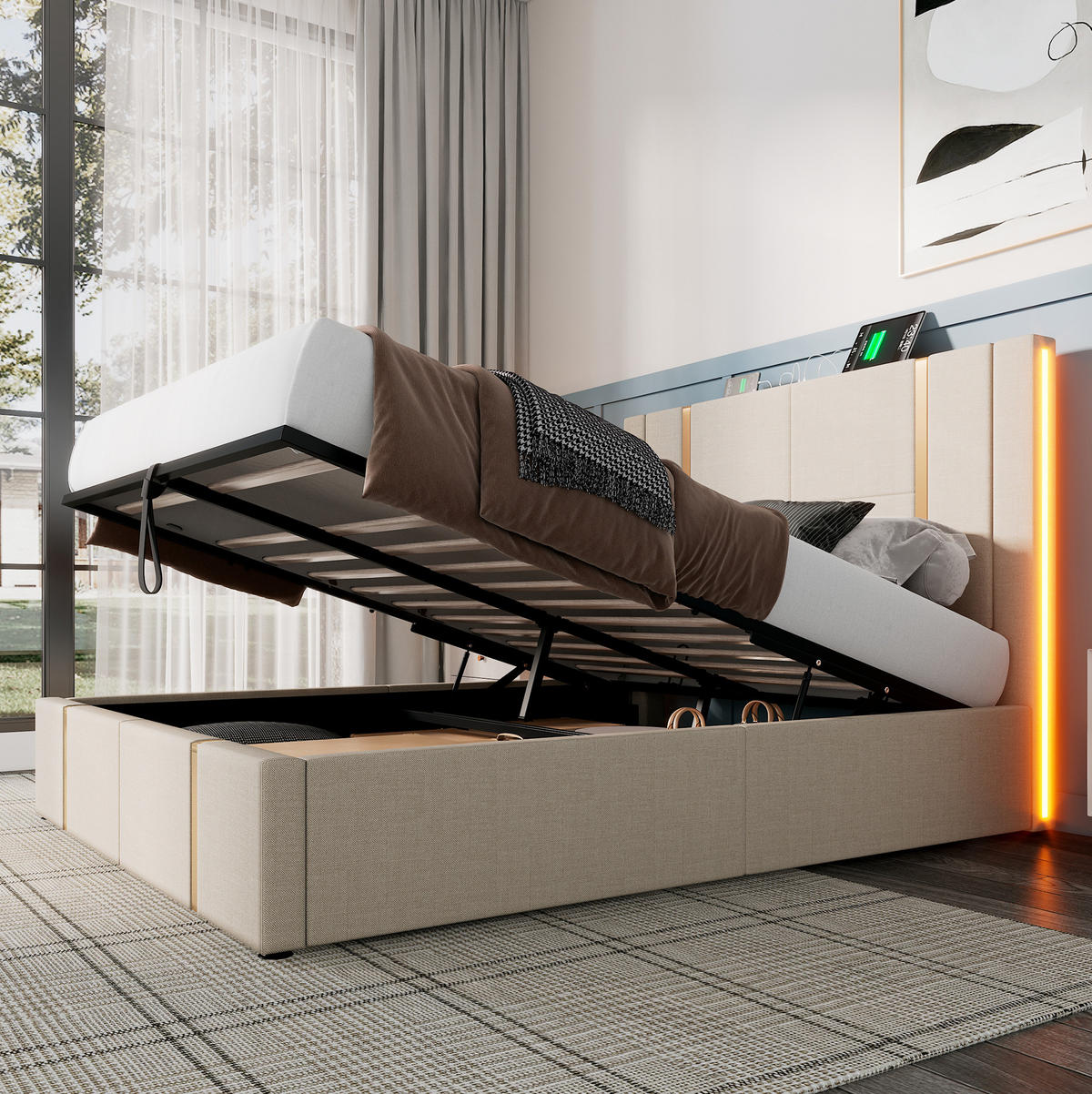 POLSTERBETT mit Stauraum, LED & USB/Typ-C 160x200 cm Beige - Beige, Metall (160/200cm) - Meubliv