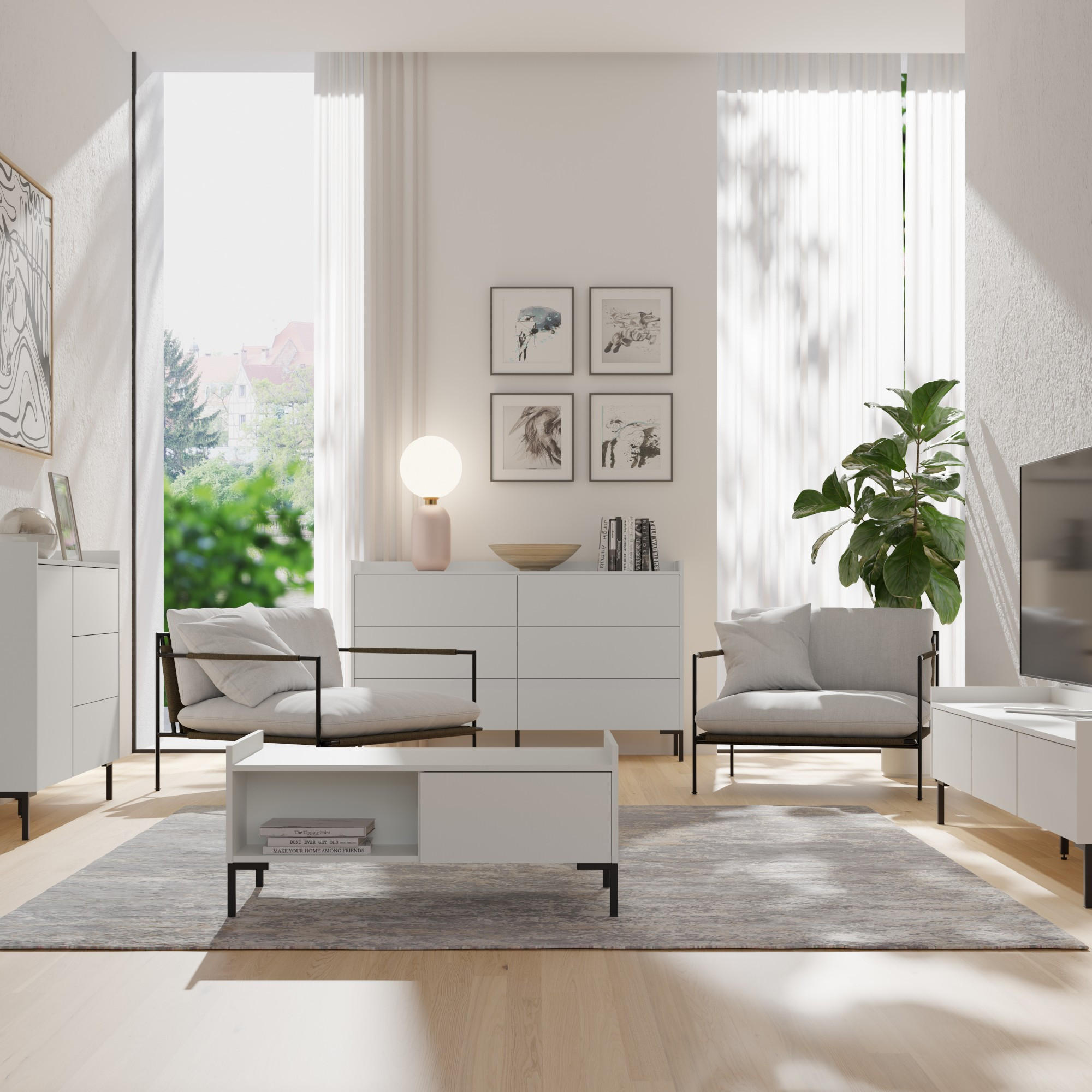 Thumbnail - mzm24 Couchtisch, Weiß, Holzwerkstoff, Uni, 4 Fächer, Rechteckig, eckig, 100x45x60 cm, Wohnzimmer, Wohnzimmertische, Cou...