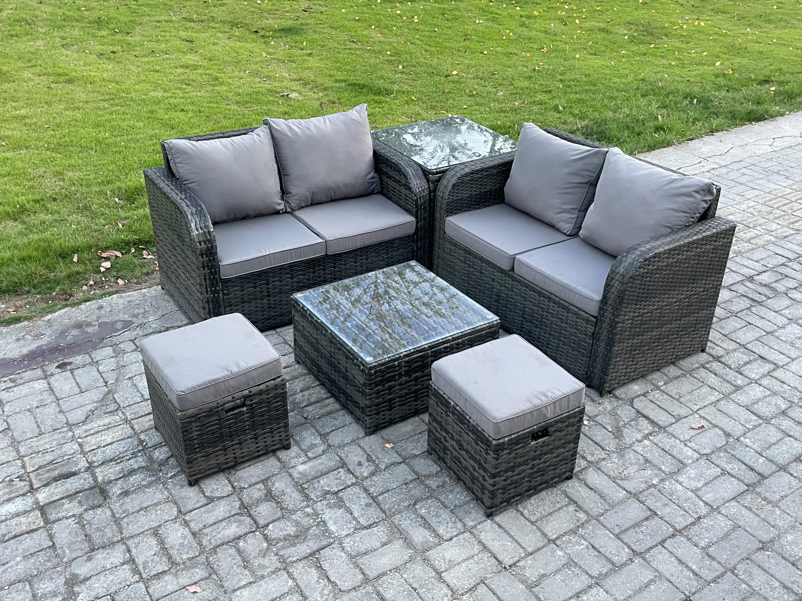 GARTENMÖBELGARNITUR Polyrattan Dunkelgrau 6-Sitzer - Dunkelgrau, Metall - Fimous