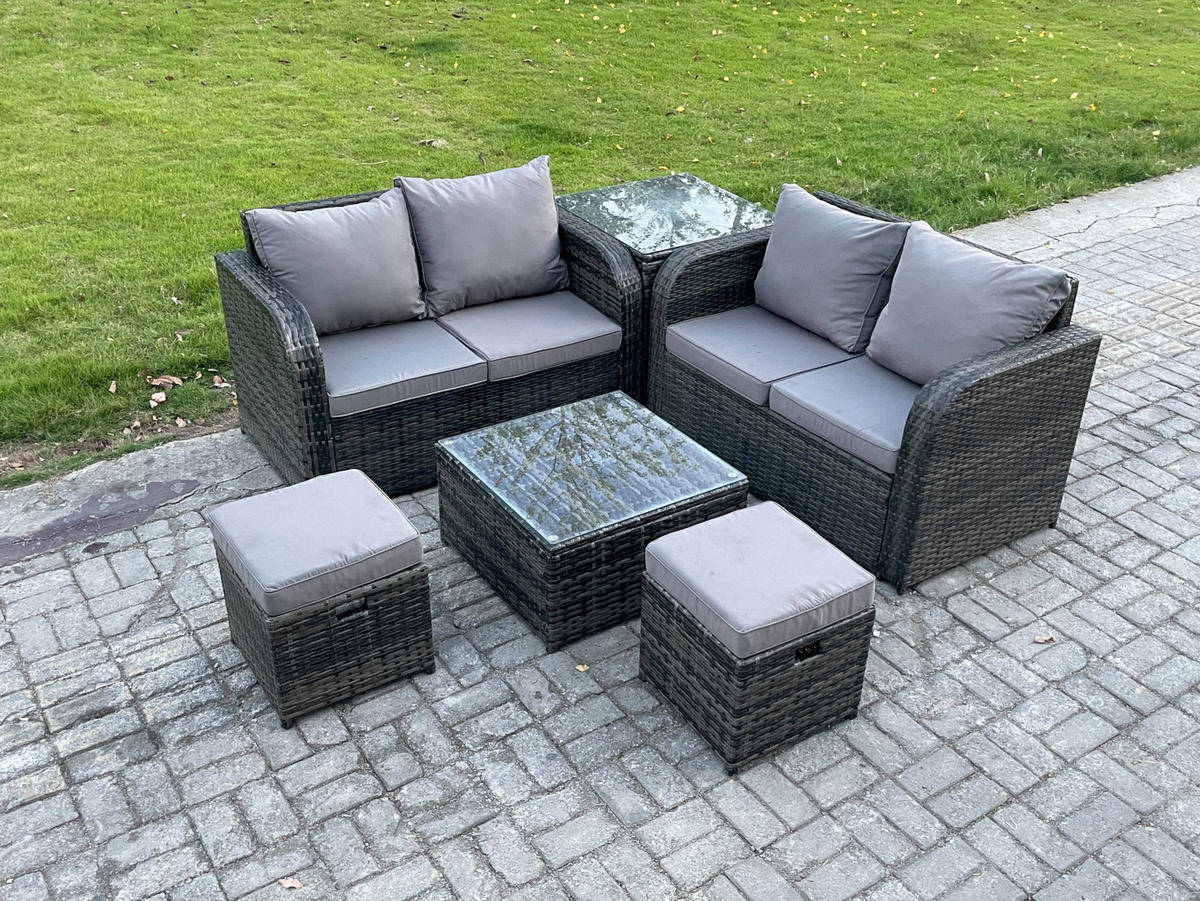 GARTENMÖBELGARNITUR Polyrattan Dunkelgrau 6-Sitzer - Dunkelgrau, Metall - Fimous
