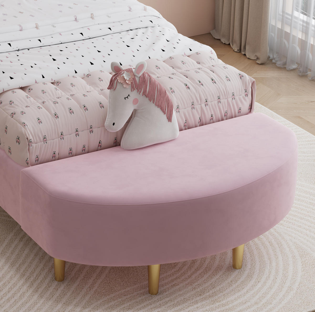 POLSTERBETT aus Samt 90x200 cm Rosa mit Bettbank, Samtkopfteil und weicher Antikollisionskante - Rosa, Textil (90/200cm) - Modfu