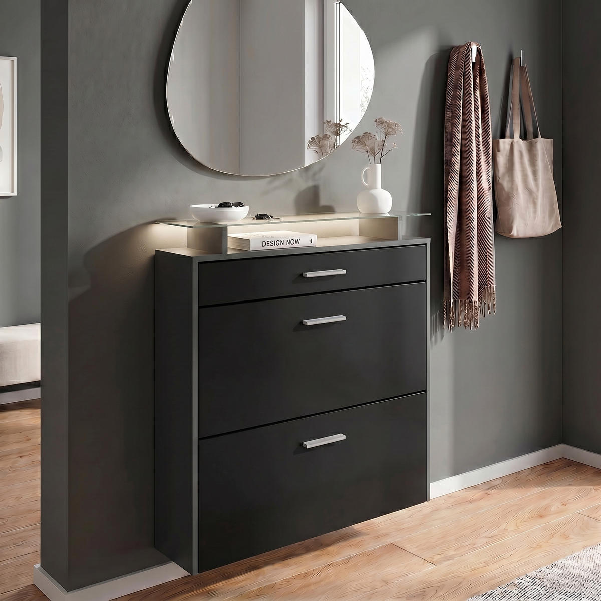 SCHUHSCHRANK Malea Fronten in Schwarz matt - Schwarz, Holzwerkstoff (89/96/23cm) - Vladon