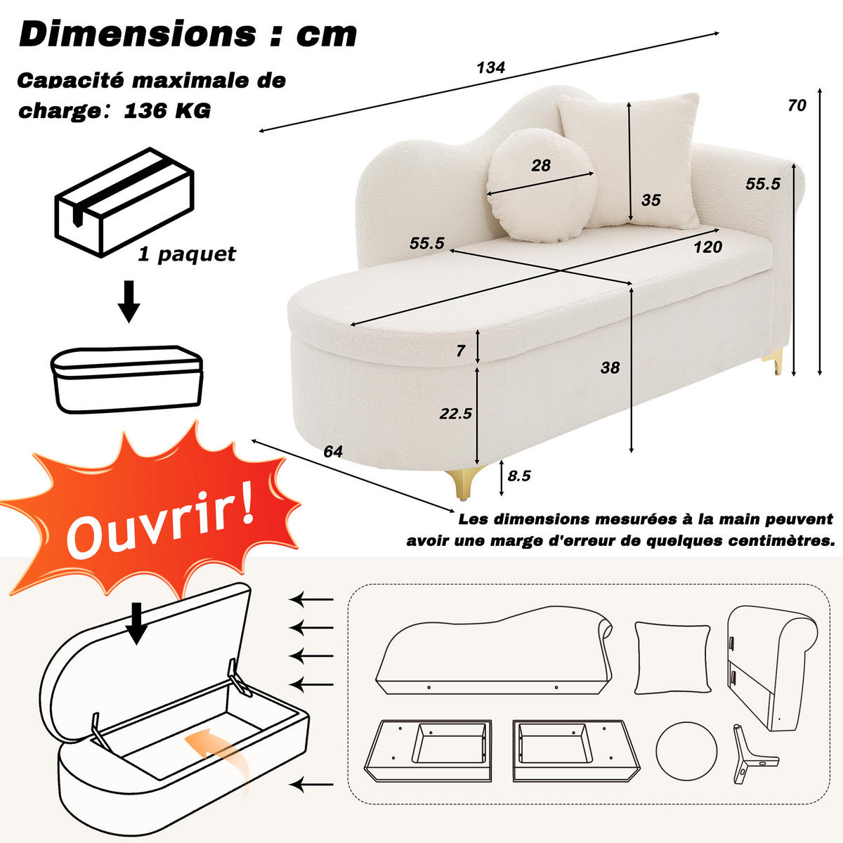 CHAISELONGUE mit Stauraum 134 cm, Teddyplüsch Stoff, modernes Design, ergonomische Rückenlehne, inkl. Lenden- & Nackenkissen - Beige, Textil (64/70/134cm) - Ej. Life