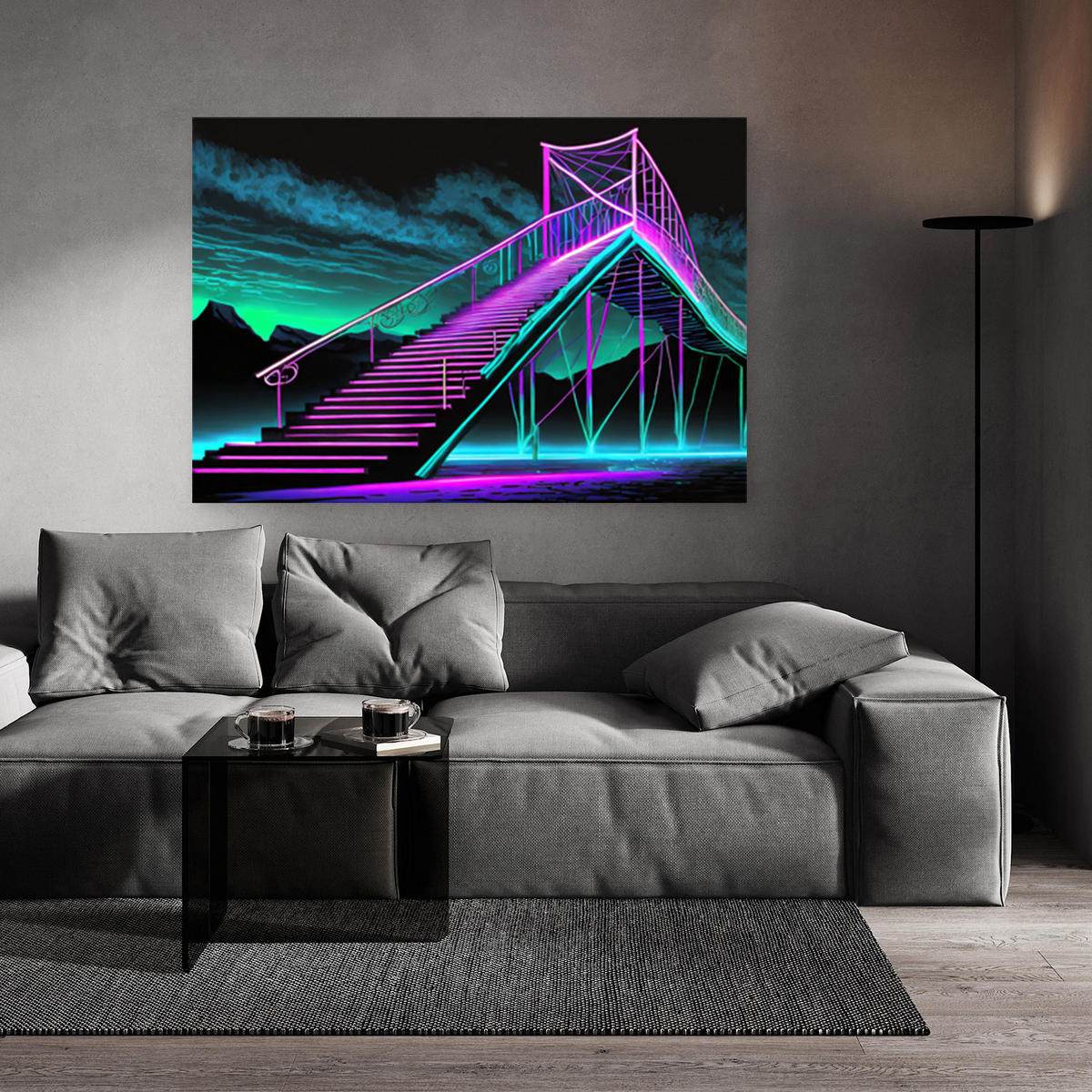 WANDBILD neon treppe futuristisch abstrakt - Lila, Textil (60/40cm) - Feeby