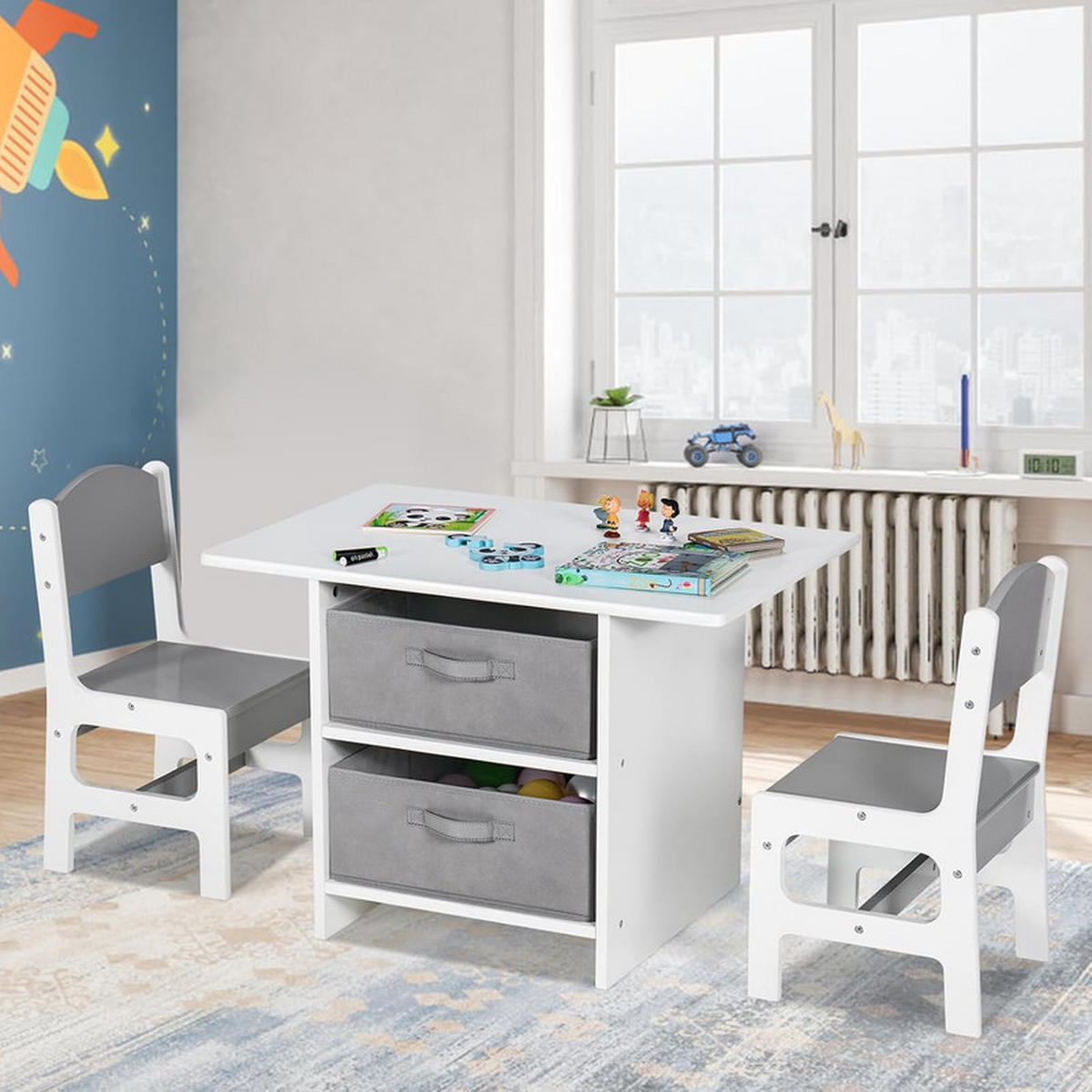 KINDERTISCHE mit Stühlen grau(3-tlg) - Grau, Holzwerkstoff (71/50/48cm) - COSTWAY