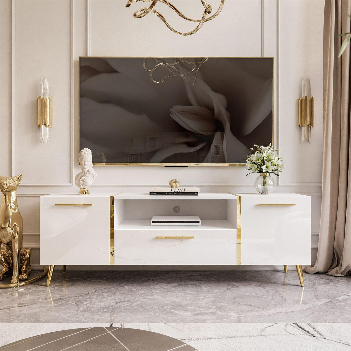 TV-ELEMENT ONYX AUF GOLDENEN BEINEN HOCHGLANZ 158 CM - Weiß, Holzwerkstoff (158/53/41.3cm) - Lookway