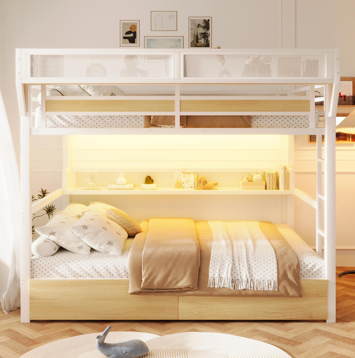 HOCHBETT aus Metall und MDF 140x200 cm Weiß mit Stauraum, Schubladen und LED-Beleuchtung - Weiß, Holzwerkstoff (140/200cm) - Modfu