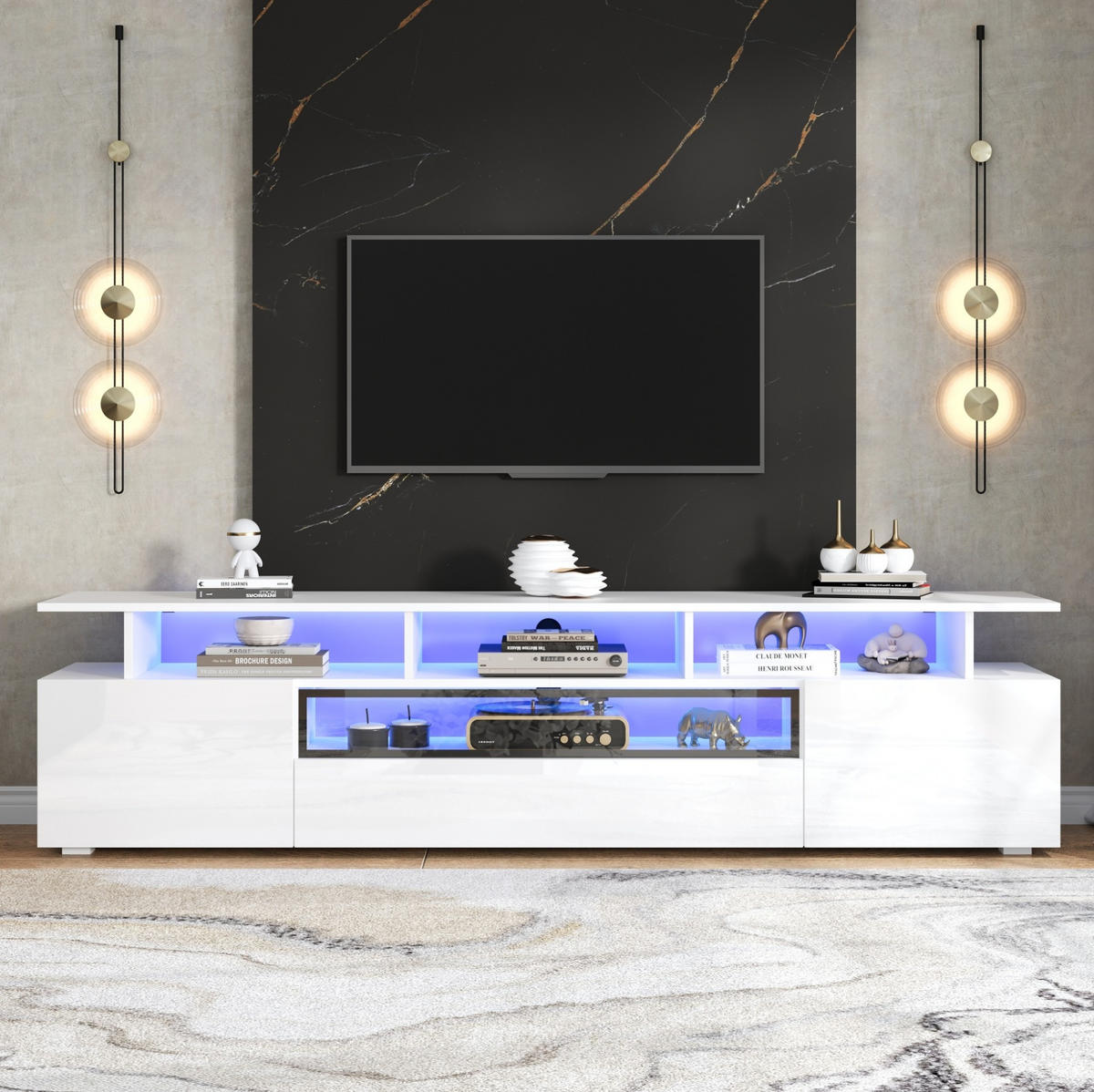 TV-LOWBOARD aus Spanplatte 180x38x45 cm Weiß mit LED-Beleuchtung, 2 Schränken, 1 Schublade und Hochglanzfront - Weiß, Holzwerkstoff (180/45/38cm) - Modfu
