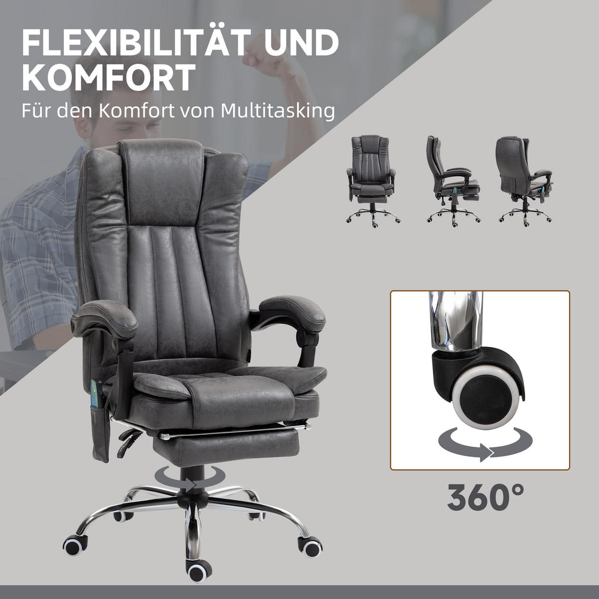 BÜROSTUHL mit Vibrationsmassage, Ergonomisch Schreibtischstuhl mit Liegefunktion - Grau, Kunststoff (70/120/62cm) - Vinsetto