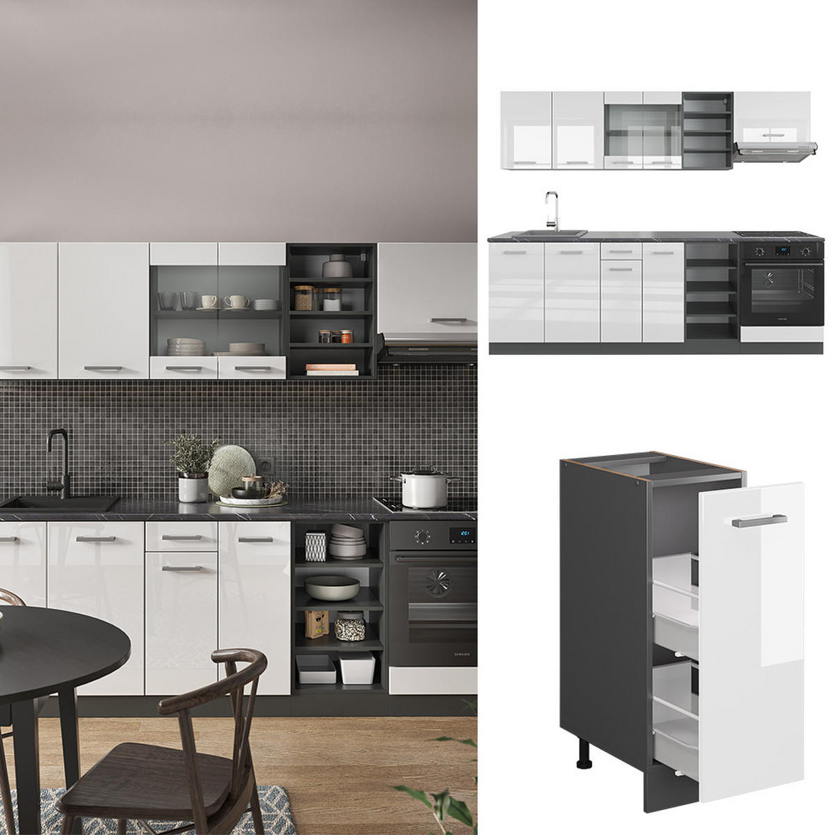 KÜCHENZEILE R-Line Weiß Hochglanz/Anthrazit 240 cm, AP Marmor - Weiß Hochglanz/Anthrazit, Holzwerkstoff (240/81.6/60cm) - Vicco