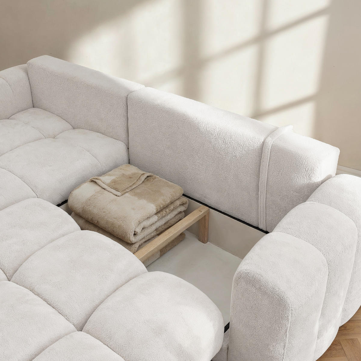 ECKSOFA CALM L Links mit Schlaffunktion 140x215 Webstoff weiß - Schwarz/Weiß, Holz/Kunststoff (261/151cm) - Muffo
