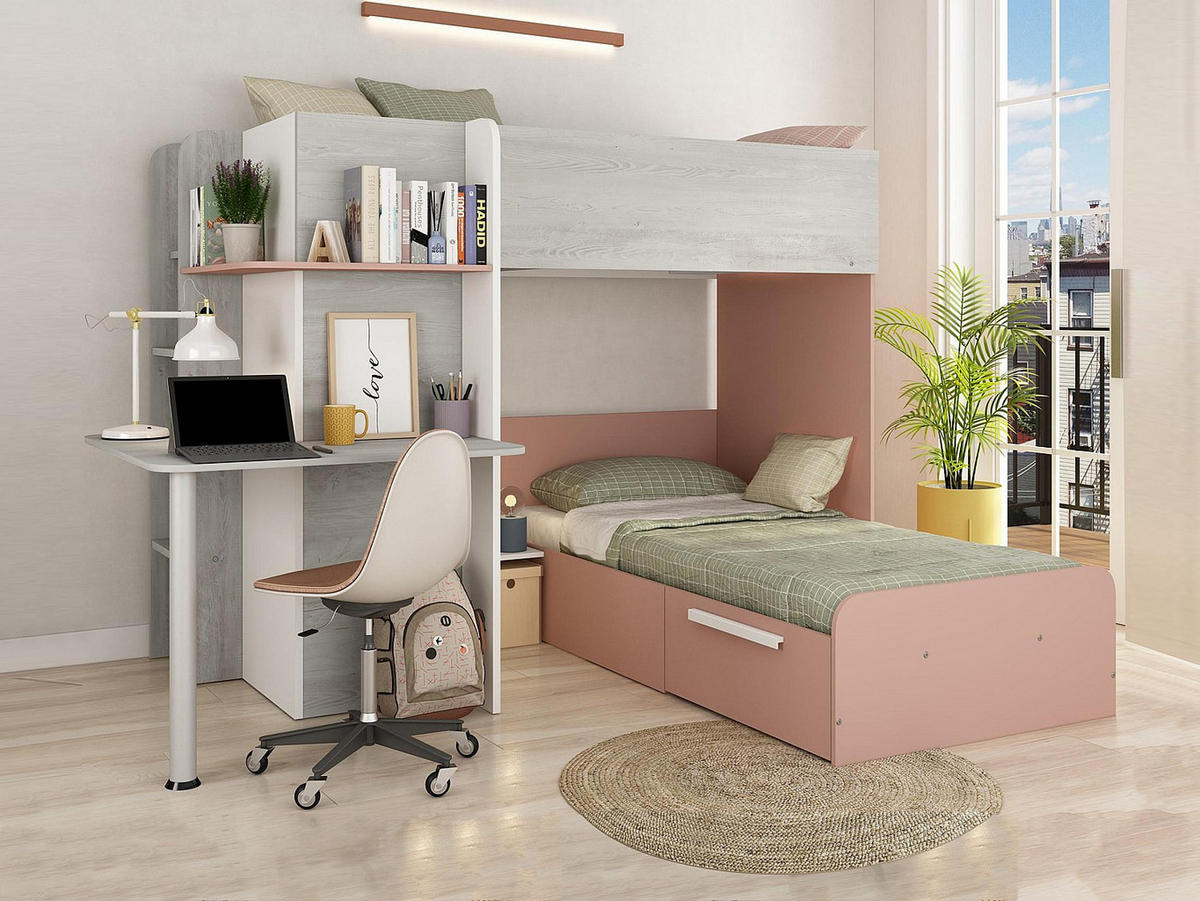 ETAGENBETT - 2 Personen - holz - hellgrau, puderrosa Samuel - Hellrosa/Hellgrau, Holz (90/190cm) - Vente-Unique