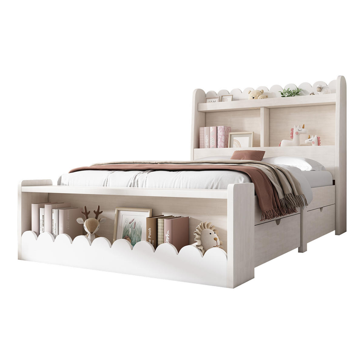 EINZELBETT 90/190 cm Weiß Eichefarben mit Stauraum und Regal - Weiß, Holzwerkstoff (90/190cm) - OKWISH