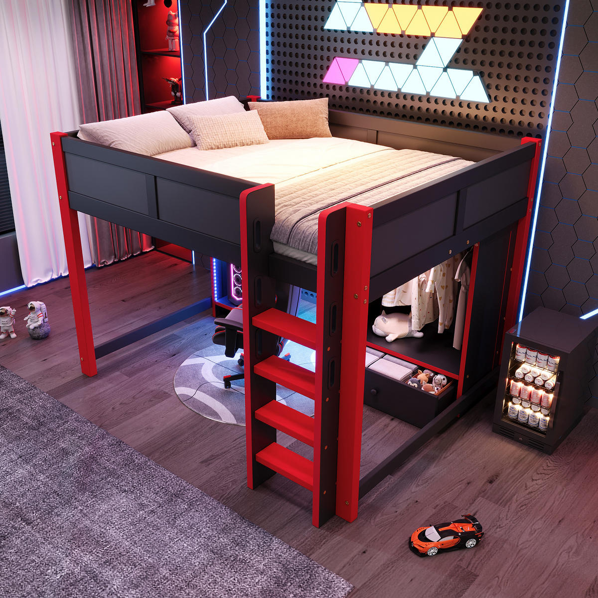 HOCHBETT aus Kiefernholz 140x200 cm in Schwarz-Rot mit LED & Schreibtisch - Schwarz, Holz (140/200cm) - Modfu