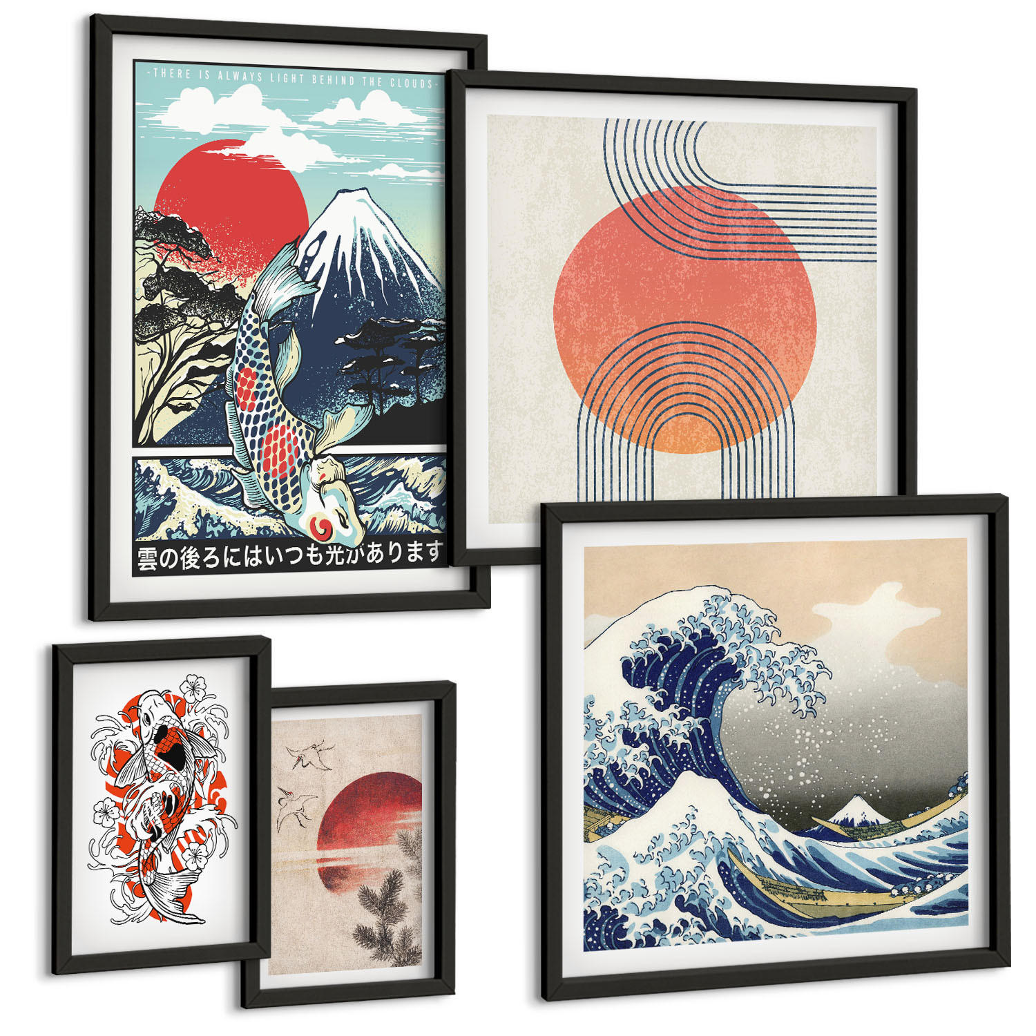 BILDER SET 5er Set - 50x50 cm & 20x30 cm & 40x60 cm Schwarzer Rahmen - Illustrationen von Fischbergen, die sich in Japan ausbreiten - Schwarz, Kunststoff (40/60cm) - TULUP