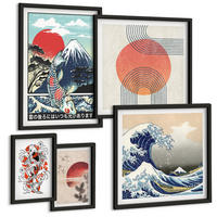 BILDER SET 5er Set - 50x50 cm & 20x30 cm & 40x60 cm Schwarzer Rahmen - Illustrationen von Fischbergen, die sich in Japan ausbreiten - Schwarz, Kunststoff (40/60cm) - TULUP