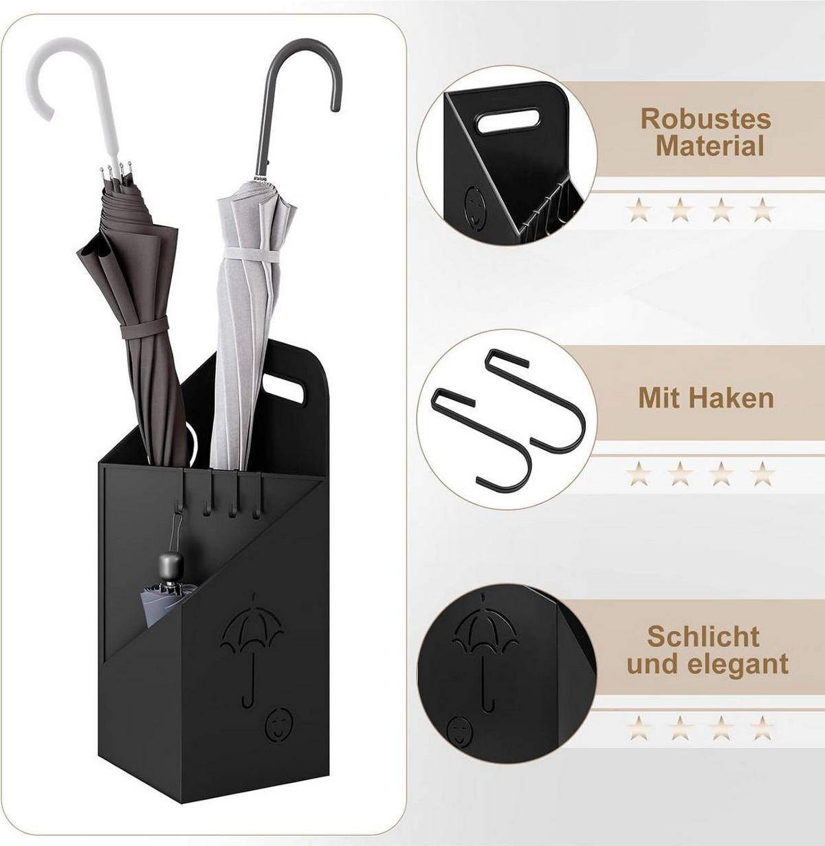 SCHIRMSTÄNDER mit Griff, 4 Haken, Metall , Anthrazit - Anthrazit, Metall (20/49/20cm) - Woltu