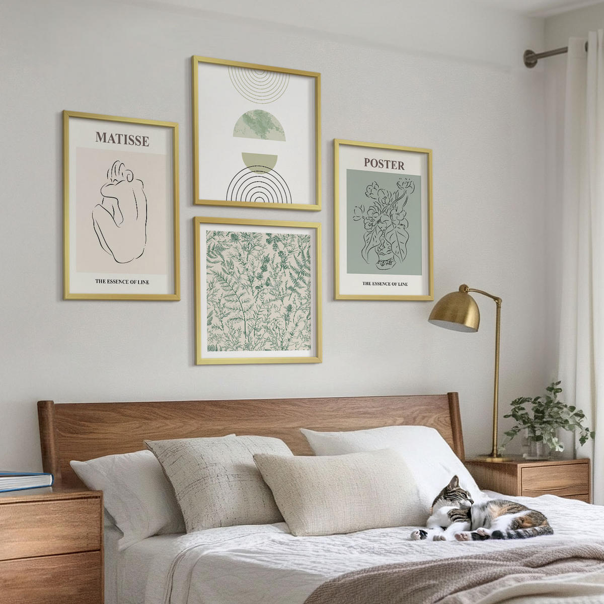 BILDER SET 4er Set - 50x50 cm & 40x60 cm Goldrahmen - Linien, Pflanzenmuster, Minimalismus - Goldfarben, Kunststoff (50/50cm) - TULUP