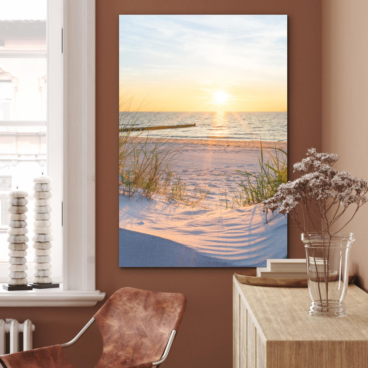 METALLBILD Strand - Sonne - Düne - Gras - Sand - Horizont 60x90 cm - Hellblau, Metall (60/90cm) - MuchoWow
