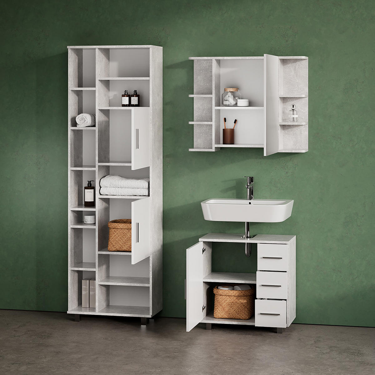 BADMÖBEL-SET Eisak Beton 3 Teile, mit Hochschrank - Schieferfarben/Weiß, Holzwerkstoff (60/60/33cm) - Livinity®