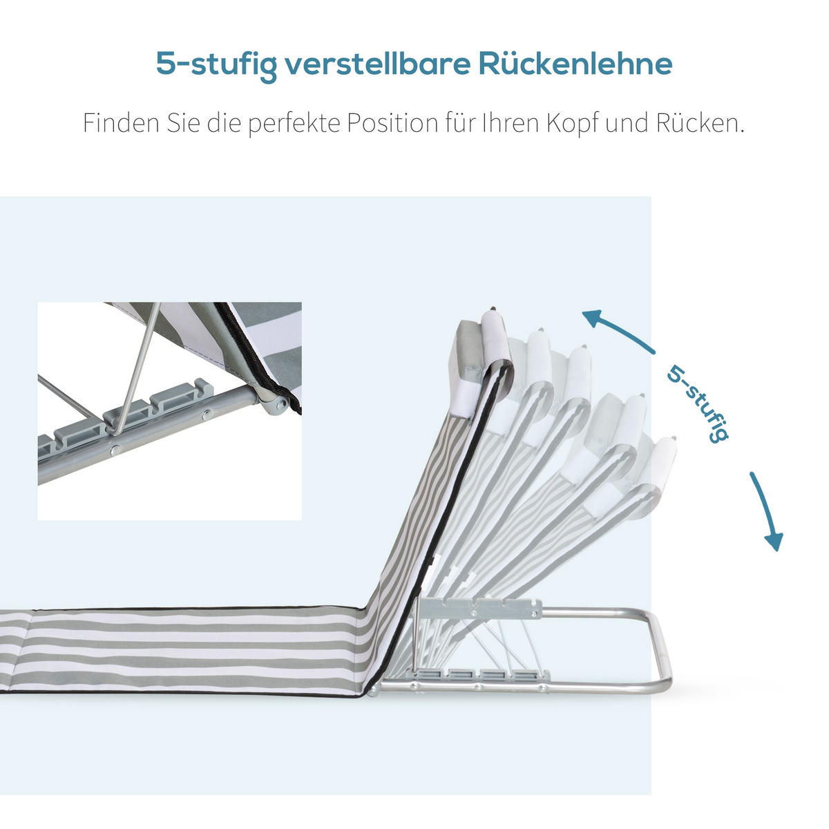 SONNENLIEGE klappbar Gartenliege mit Kopfkissen Liegestuhl mit 5-Fach verstellbare Rückenlehne Tragetasche Hellgrau - Hellgrau, Metall (134/43/48cm)