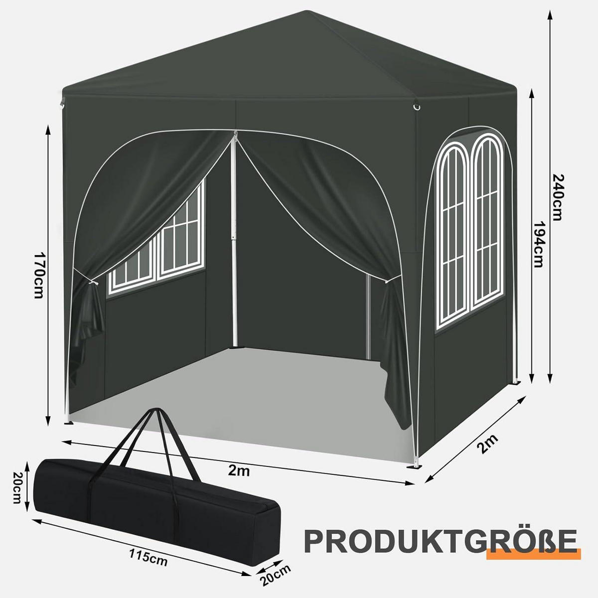 PAVILLON 2x2m mit 4 abnehmbaren Wänden, 3-stufig Höhenverstellbar - Grau, Metall (200/240/200cm) - Woltu