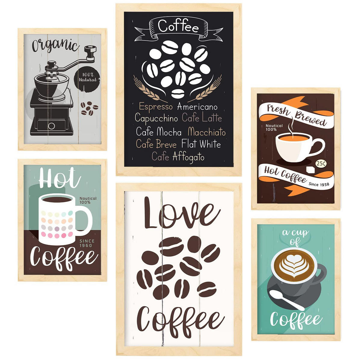 POSTER Set Mit 6 Kaffee Größe A3 & A4 Rahmen aus hellem Holz - Beige, Papier (29.7/1cm) - Nacnic