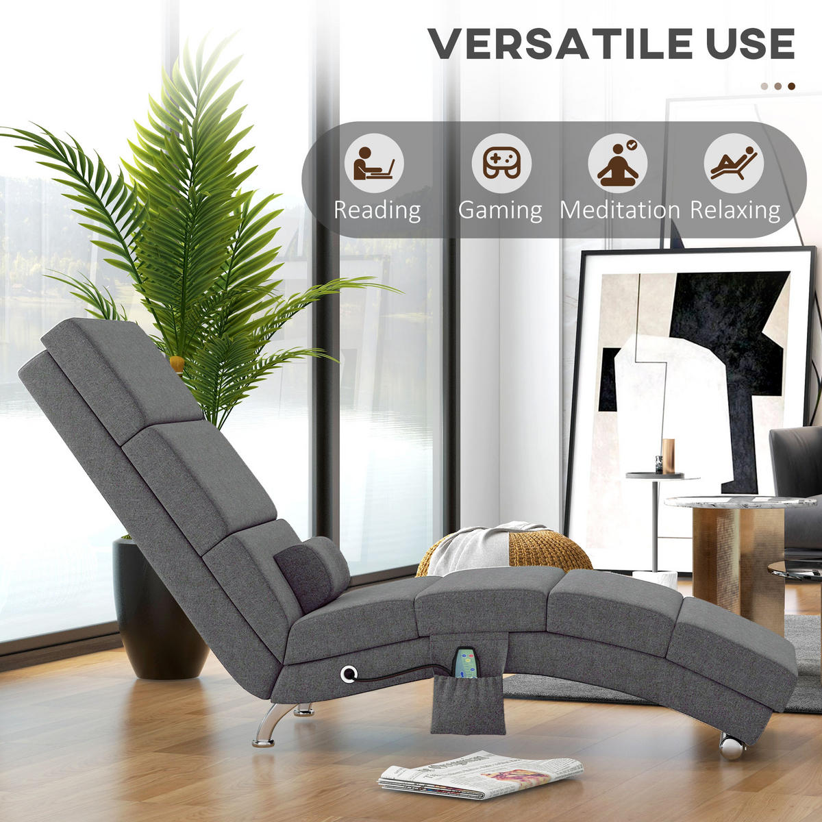 BODENSTUHL, Massagesessel Relaxsessel Liegesessel mit Fernbedienung - Dunkelgrau/Silberfarben, Textil/Metall (56/84/168cm) - HOMCOM