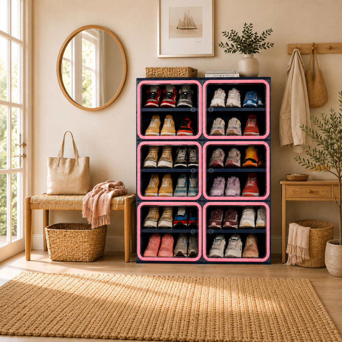 SCHUHSCHRANK, Doppelfach mit 6 Ebenen, faltbar, montagefrei, aus Kunststoff, Flurmöbel, Blau-Pink - Pink, Kunststoff (85/104/34cm) - GENKI LIVING