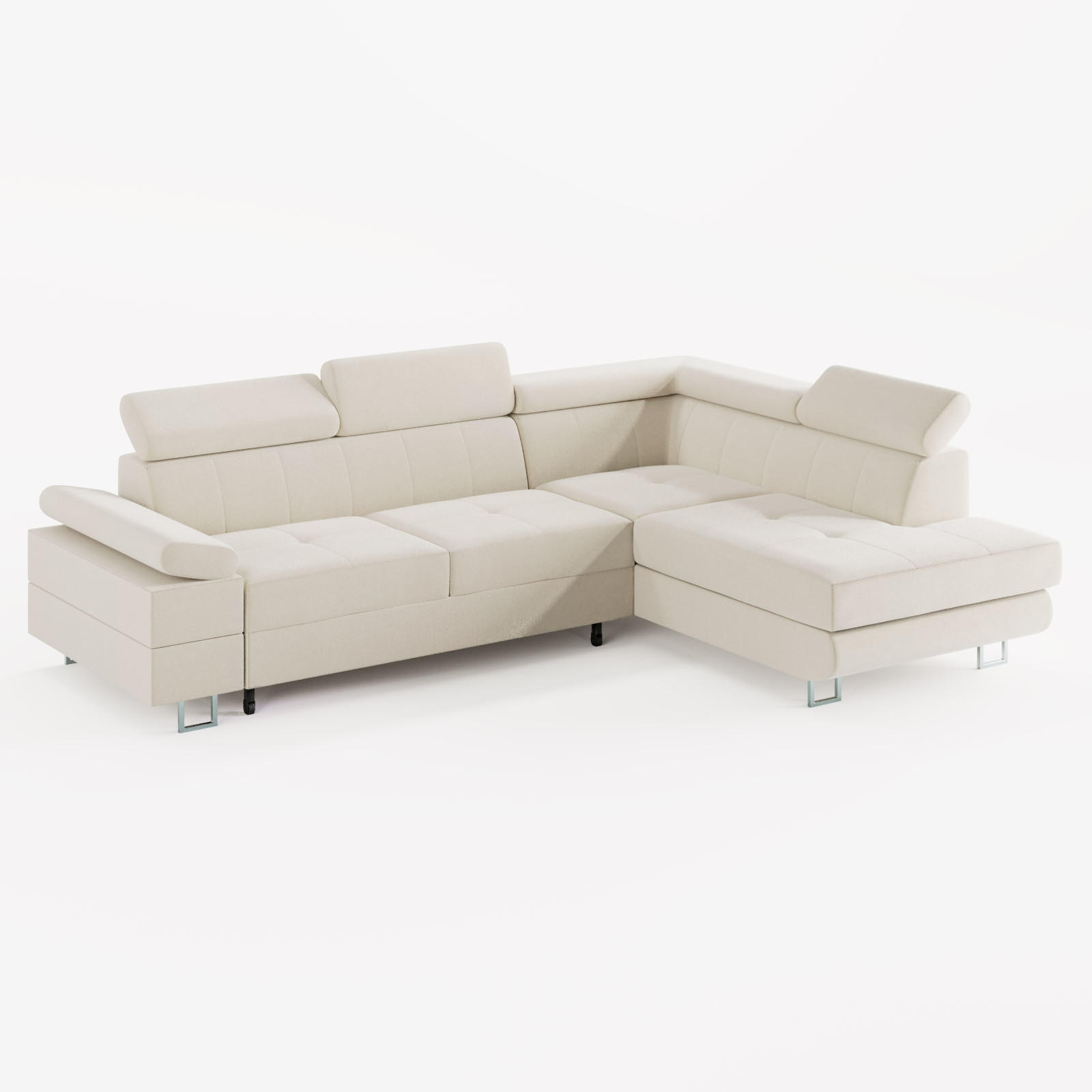 ECKSOFA CAROLINE Rechts Creme matter Veloursstoff mit Schlaffunktion und Bettkasten - Chromfarben/Creme, Textil (253/190cm) - Barchello