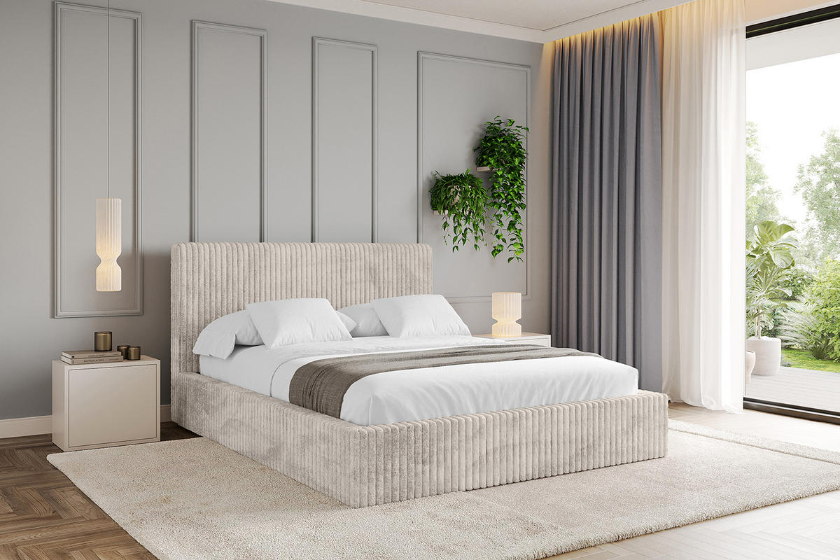 POLSTERBETT mit Bettkasten und Lattenrost, Bett mit Matratze H3/H4 - ALOVA-V1 - Creme, Holzwerkstoff/Textil (180/200cm) - ALTDECOR
