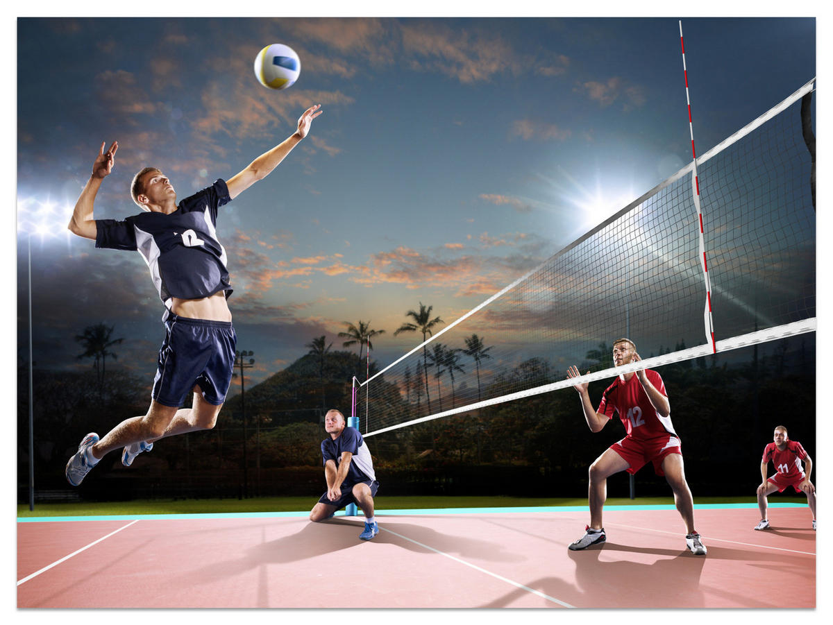 FOTOTAPETA Pre Študentskú Izbu Volejbal Pláž Trópy Zápas Hráč Palmy 250 x 175 cm - oranžová/čierna, papier (250/175cm) - Muralo