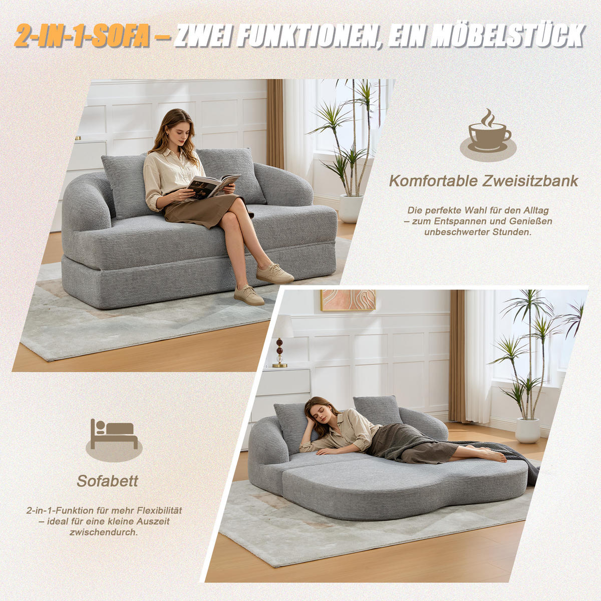 SCHLAFSOFA, 2 Sitzer aus Chenille, Klappsofa Bodensofa mit Schlaffunktion, Hellgrau - Hellgrau, Textil (157/44/153cm) - LVHOM
