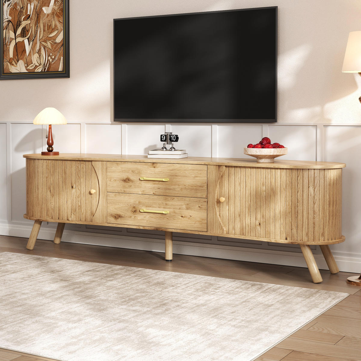 TV-LOWBOARD organisch Rillenoptik 2 Türen 2 Schubladen - Naturfarben, Holz (160/55/36.5cm) - Fortuna Lai