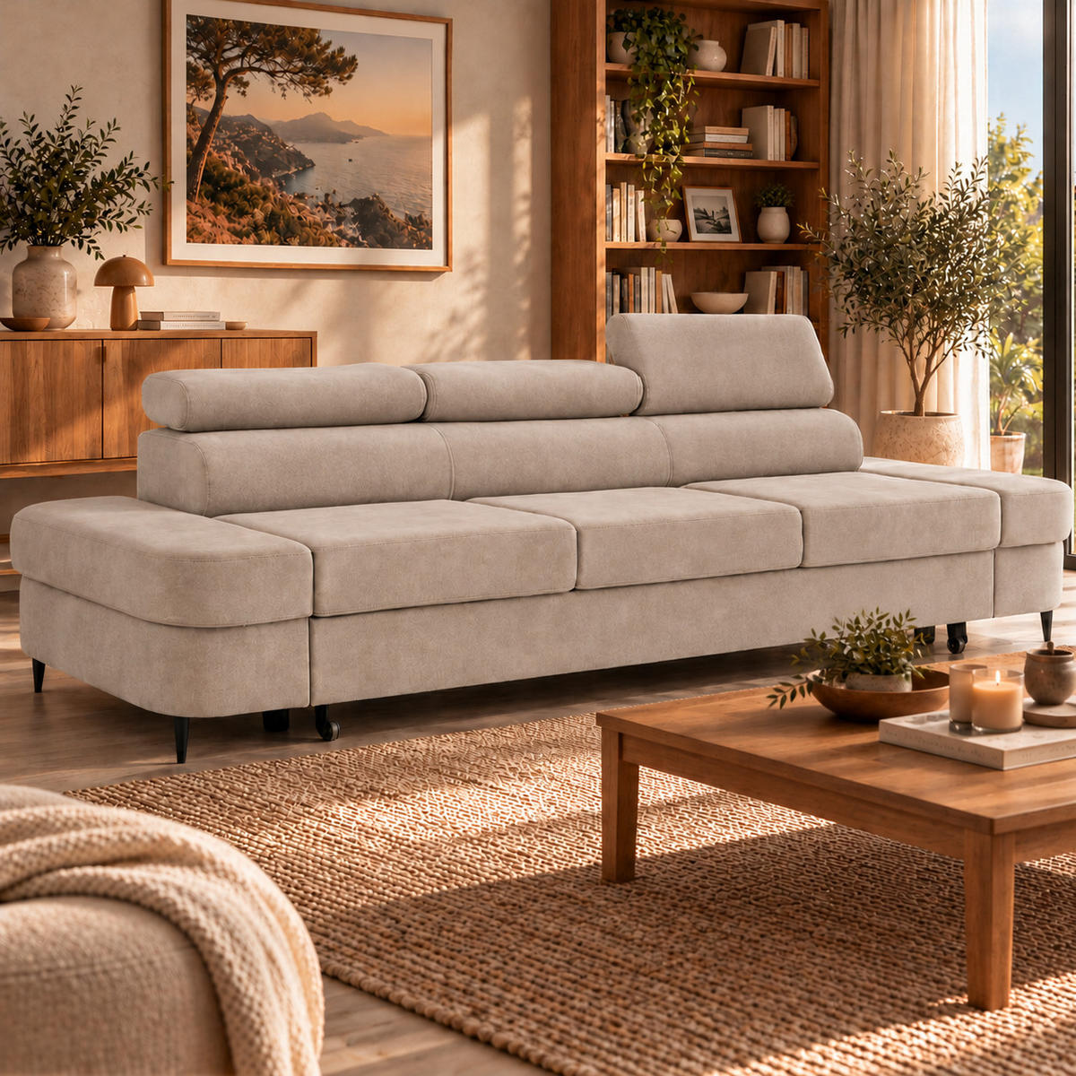 3-SITZER Sofa PRIAM mit Schlaffunktion 125x277 Velours Creme - Creme/Schwarz, Holz/Textil (278/95/102cm) - Muffo