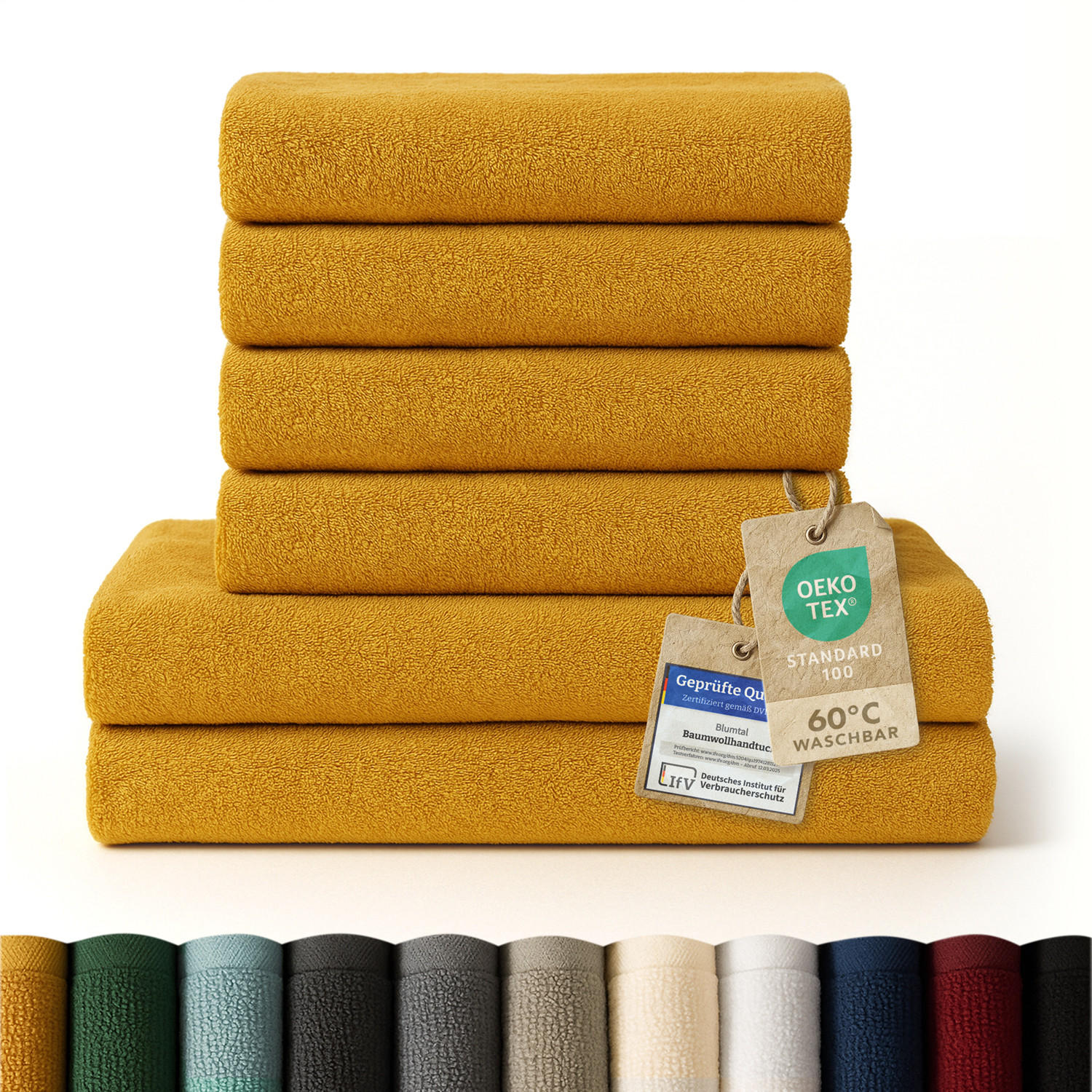 BADETUCH 6-teilig, 2x Badetuch 70/140 + 4x Handtuch 50/100 cm, Gelb - Gelb, Textil (70/140cm) - Blumtal