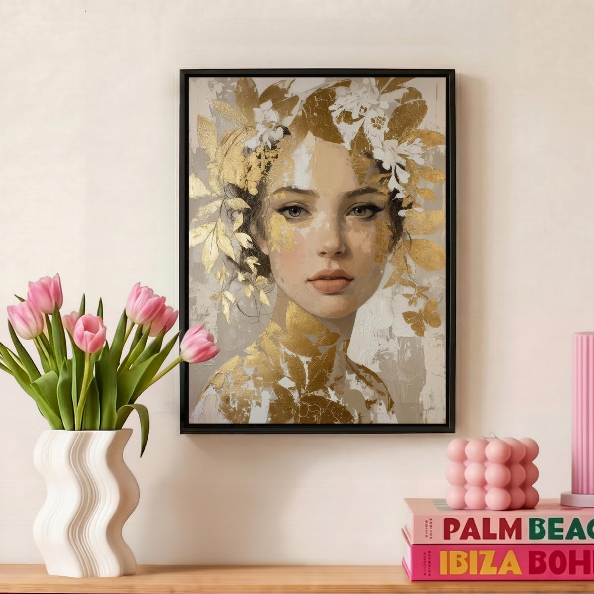 LEINWAND Bilder mit Rahmen - Gesicht - Frau - Blätter - Gold - 30x40 - Beige, Textil (30/40cm) - MuchoWow