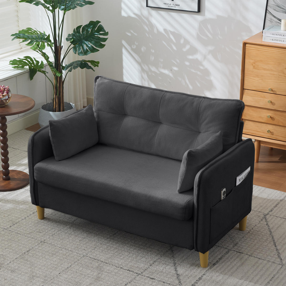 SCHLAFSOFA 127/75.5/83 cm Dunkelgrau mit Armlehnen und Seitentaschen - Dunkelgrau, Textil (75.5/83/127cm) - Oxeza