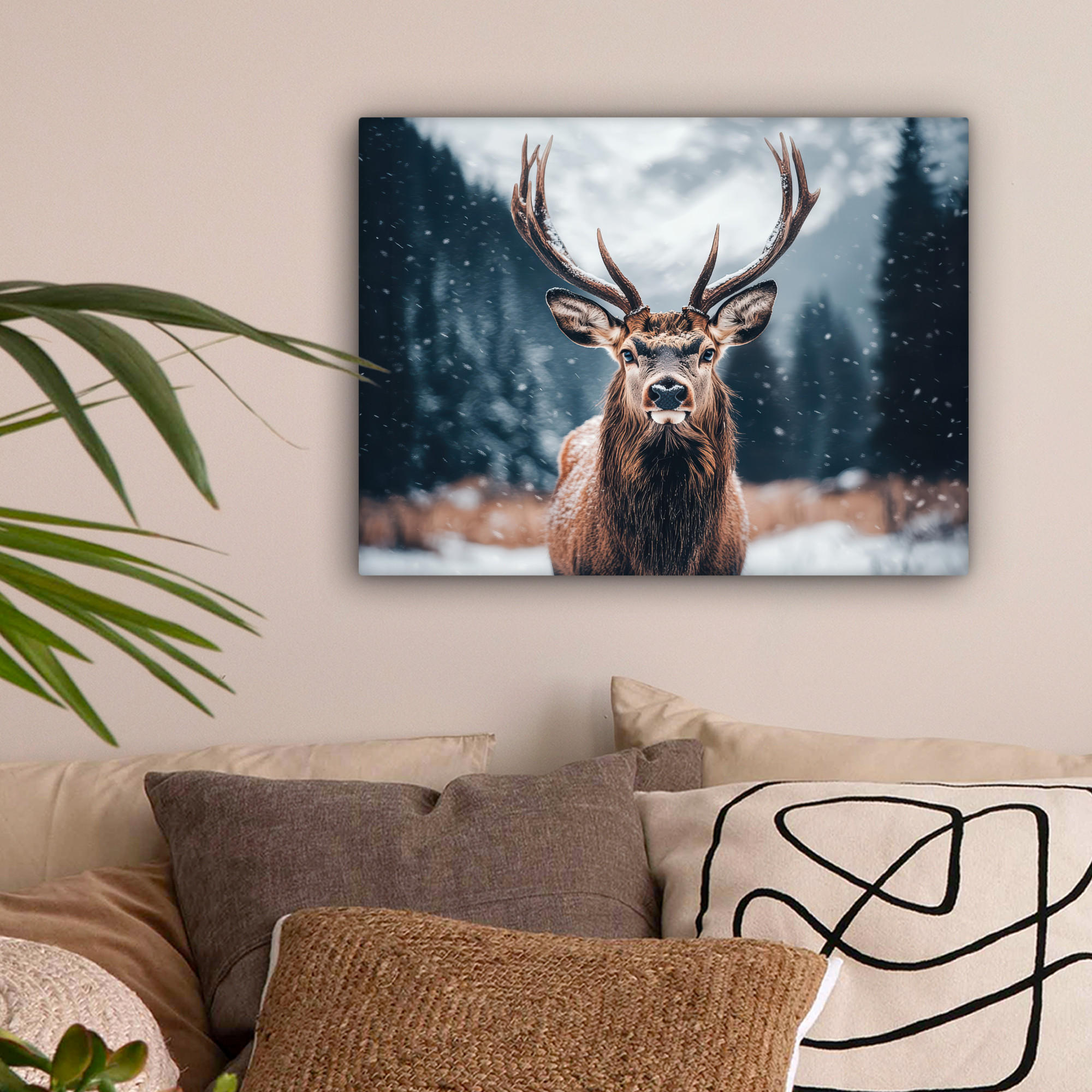 LEINWANDBILD Hirsche - Tiere - Landschaft - Winter - Schnee 40x30 cm - Kastanienfarben, Textil (40/30cm) - MuchoWow