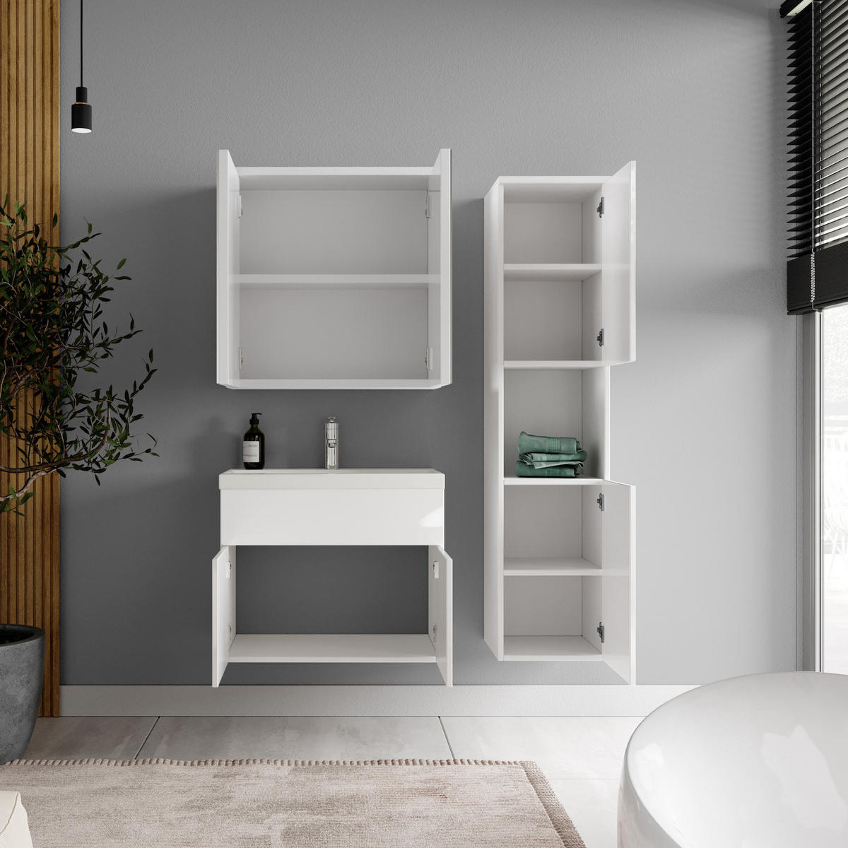 BADMÖBEL-SET Montreal 4 Teile Spiegelschrank Weiß Hochglanz - 60 x 35 x 51 cm - Weiß, Holz (60/51/35cm) - Badplaats