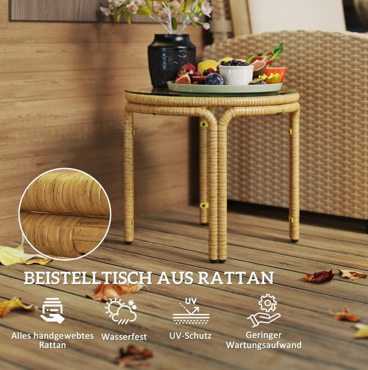 GARTENTISCH aus Rattan Ø50 x 44 cm Gelb mit Sicherheitsglasplatte - Gelb, Glas (50/50/44cm) - Modfu