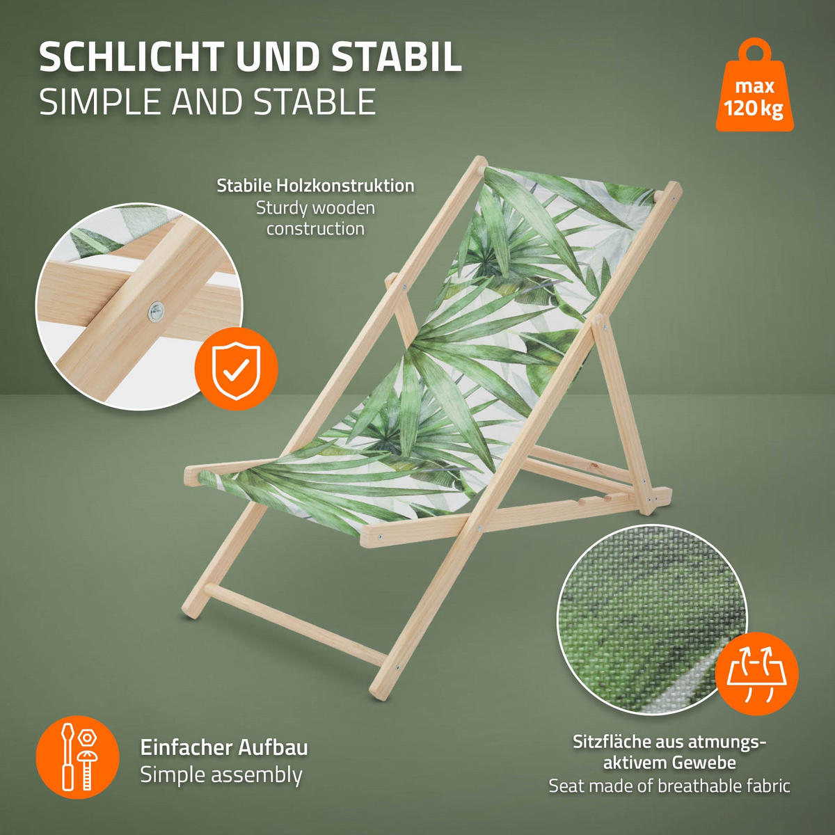 LIEGESTUHL Palme Grün-Weiß - Grün, Holz (57.5/83/100cm) - ECD-Germany