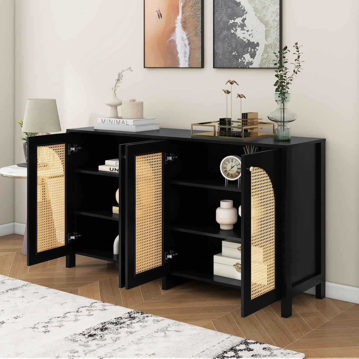 SIDEBOARD aus MDF mit 4 Kunst-Rattantüren und Metallgriffen Schwarz - Schwarz, Holzwerkstoff (145/40/80cm) - Modenvie