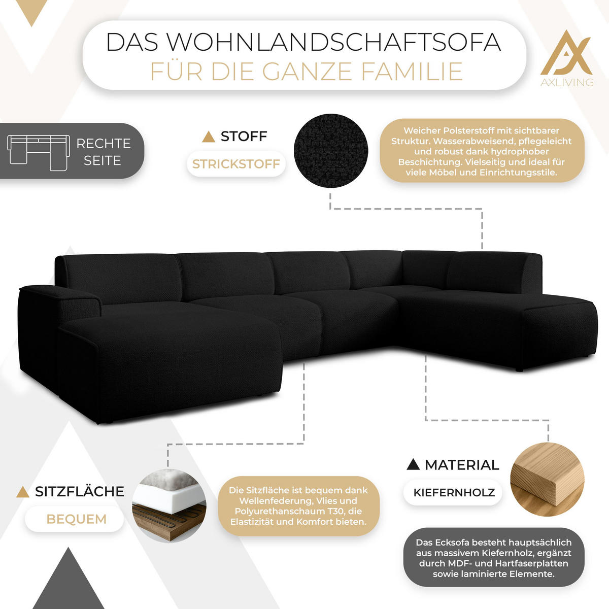 WOHNLANDSCHAFT Didim Schwarz 378/220/78 cm – großes Sofa stilvoll & bequem R - Schwarz, Kunststoff/Textil (378/78/220cm) - AX Living