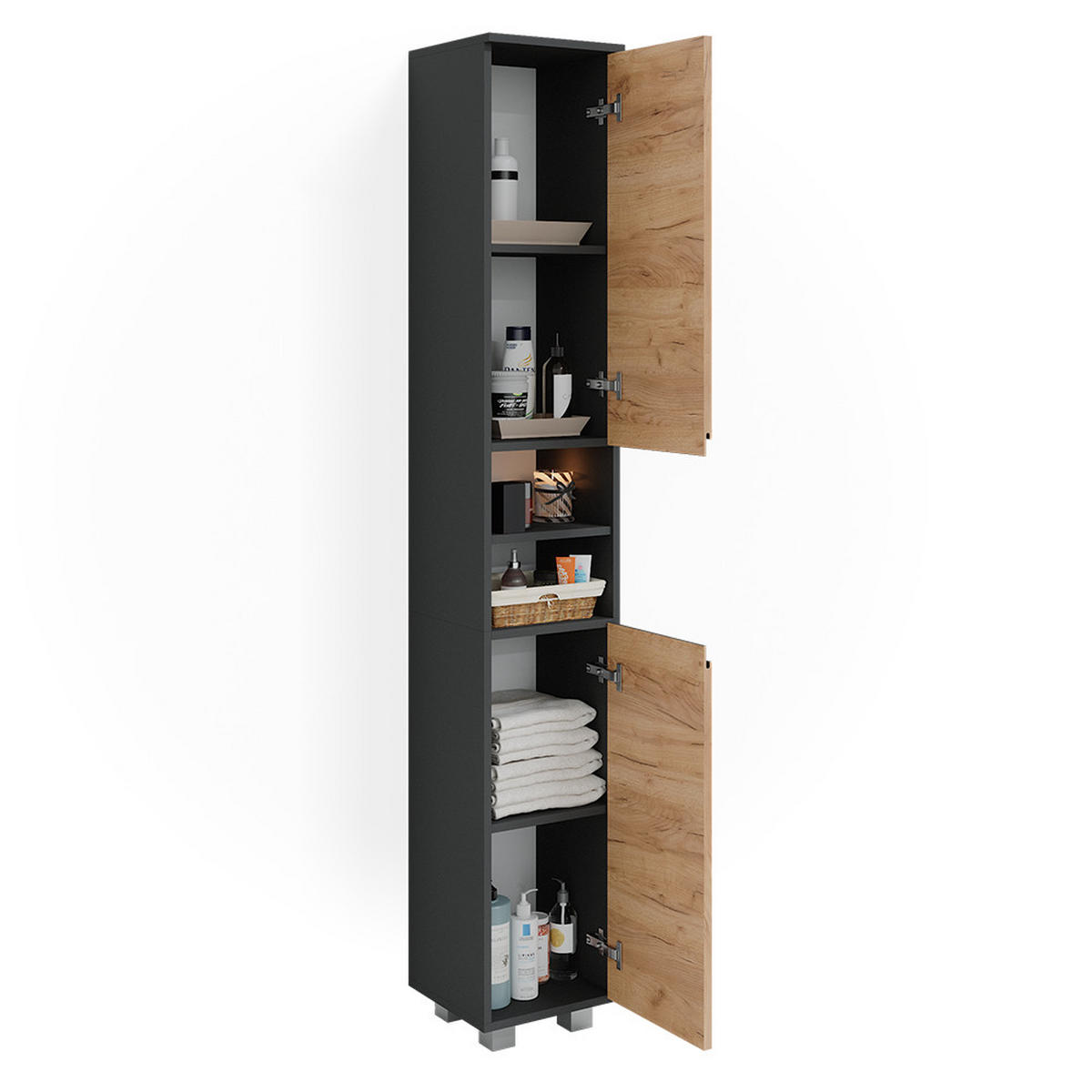BADSCHRANK J-Shape Grau 30 x 190 cm - Eichefarben/Grau, Holzwerkstoff (30/190/30cm) - Vicco