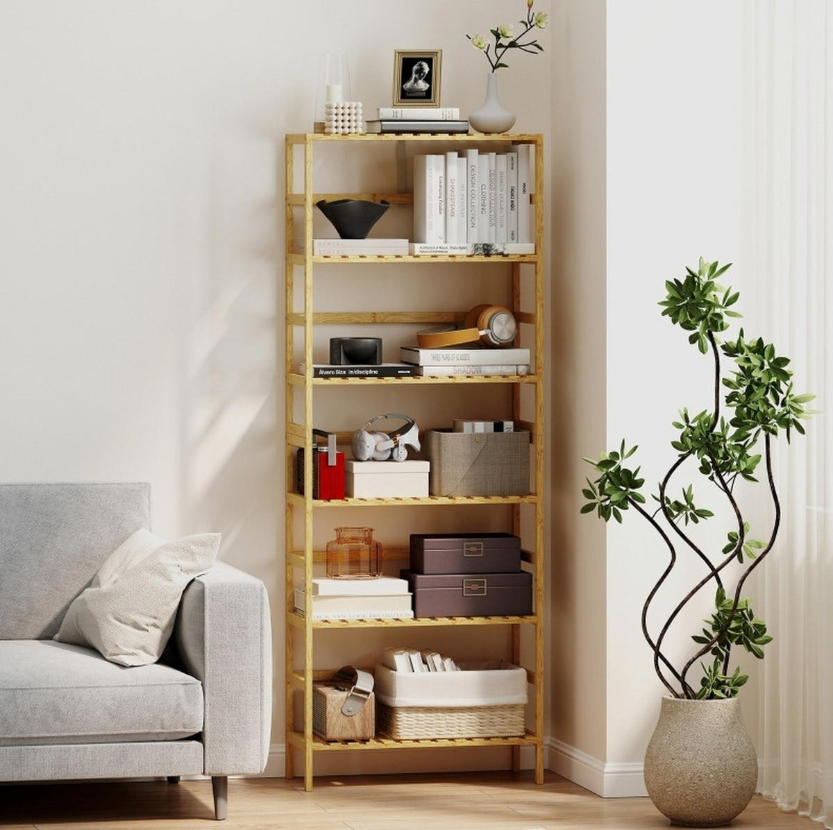 STANDREGAL 60/26/161 cm mit 6 Ebenen, verstellbaren Böden und Kippschutz, Bambus Natur - Naturfarben, Naturmaterialien (60/161/26cm) - Redom
