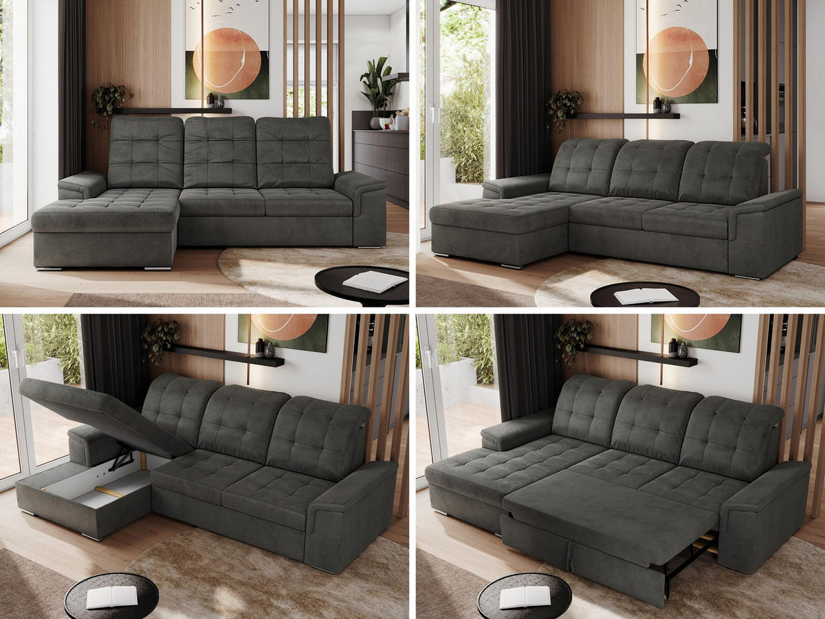 ECKSOFA MADRITO L - Dunkelgrau Velorus - Links - Dunkelgrau/Silberfarben, Textil/Metall (160/256cm)