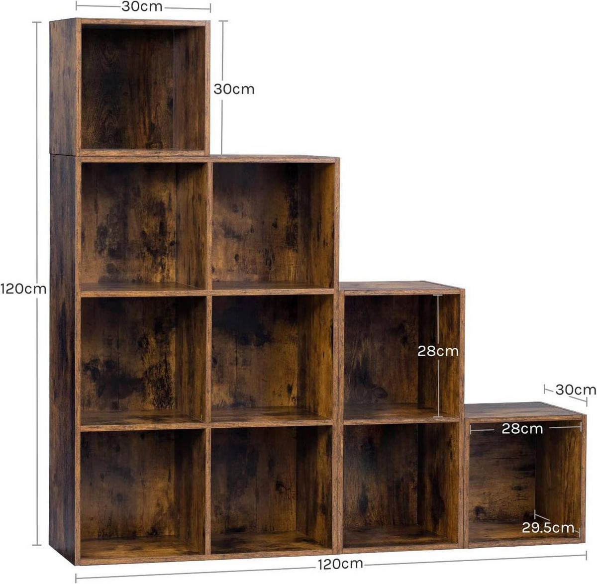 REGALE Bücherregal mit 10 Fächern, 120 x 120 x 30 cm, Vintagebraun - Dunkelbraun, Holzwerkstoff (120/120/30cm) - Woltu