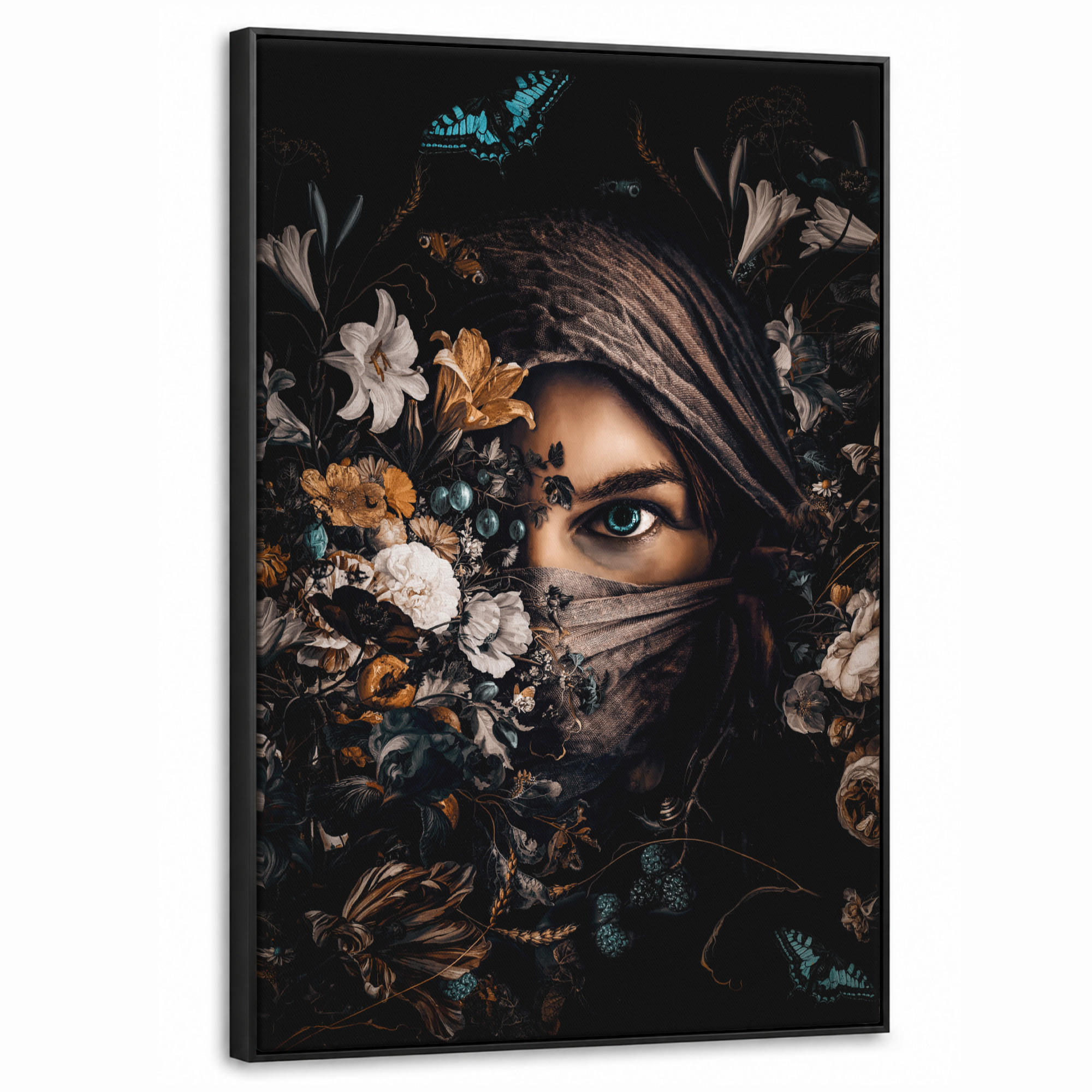 LEINWAND Bilder mit Rahmen - Frau - Luxus - Blumen - Schmetterling - Porträt - 60x90 - Schwarz, Textil (60/90cm) - MuchoWow